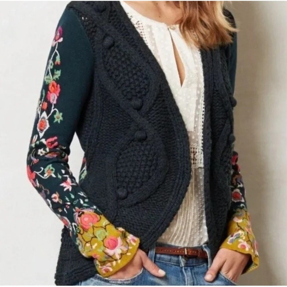 Anthro Sleeping on Snow Stitched Flora Cardigan Embroidered Cable Knit M Boho